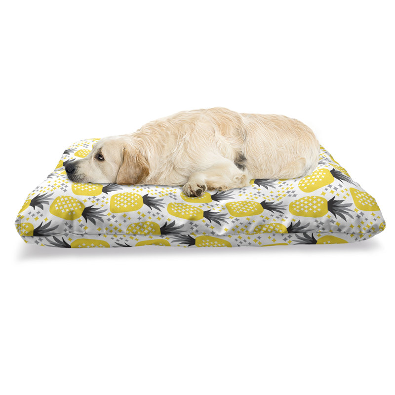 Lit pour animal de compagnie Ambesonne Exotic, ananas Tropic Accents, thème côtier, îlot de cuisine de fruits, coussin à croquer pour chiens et chats avec housse amovible, 24 po x 39 po, jaune gris noir
