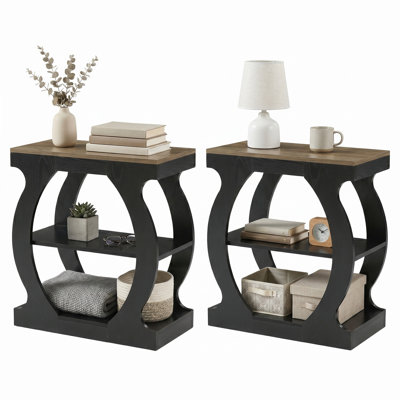 Narrow 3-tier Nightstand With Curved Frame, Modern Wood Bedside Table For Bedrooms, Small Spaces, Rustic Oak & Black (2)