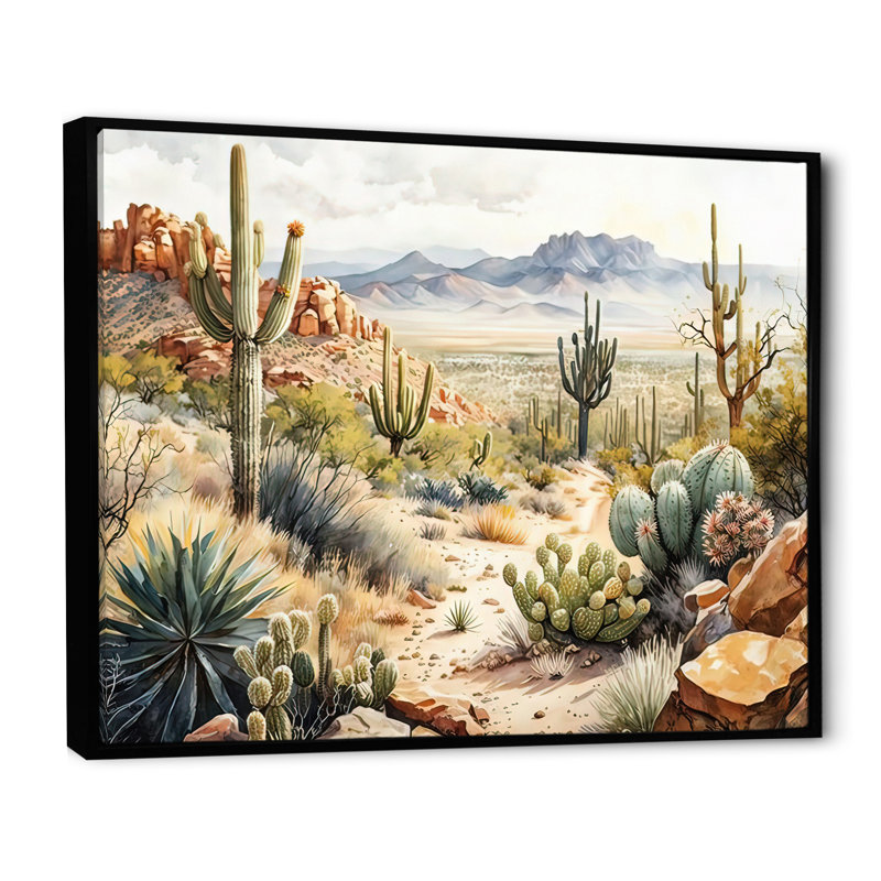 Arizona Desert Cactus I - art mural occidental, Toile avec cadre flottant noir, H 16 po x l 32 po x P 1 po