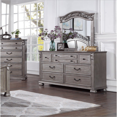 Commode et miroir en bois argent antique antique avec poignées suspendues et tiroirs suspendus