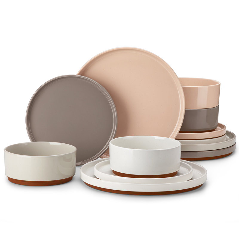 12-Piece Sesame Glaze Stoneware Dinnerware Set, Service For 4 , Brown/Pink/White/Grey