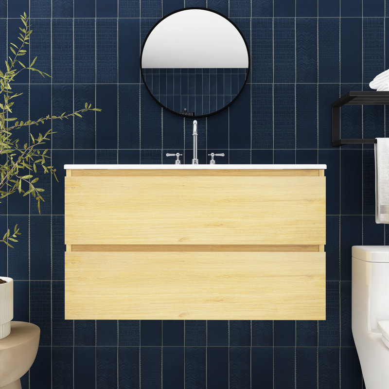 36 In. Wall-Mounted Bathroom Vanity With Integrated Ceramic Sink, Yellow