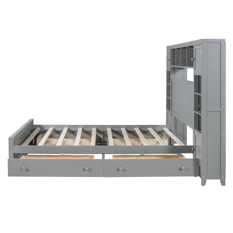Grand lit gris avec armoire intégrée, tablette et prises électriques Combinaisons de prises élégantes -, Gris, Grand lit