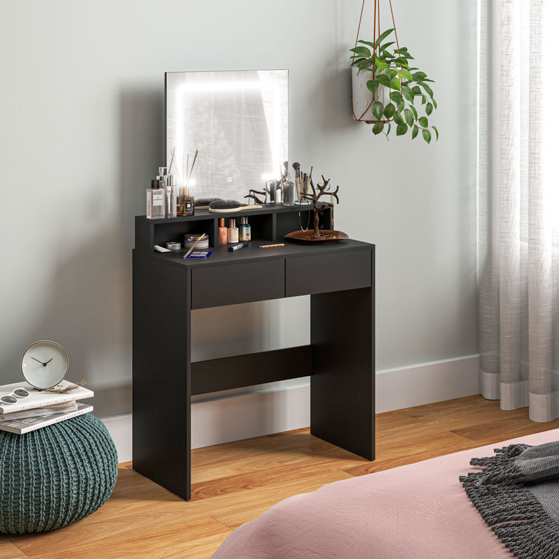 Bureau de maquillage avec miroir, 3 lumières DEL de couleur, tiroirs, noir