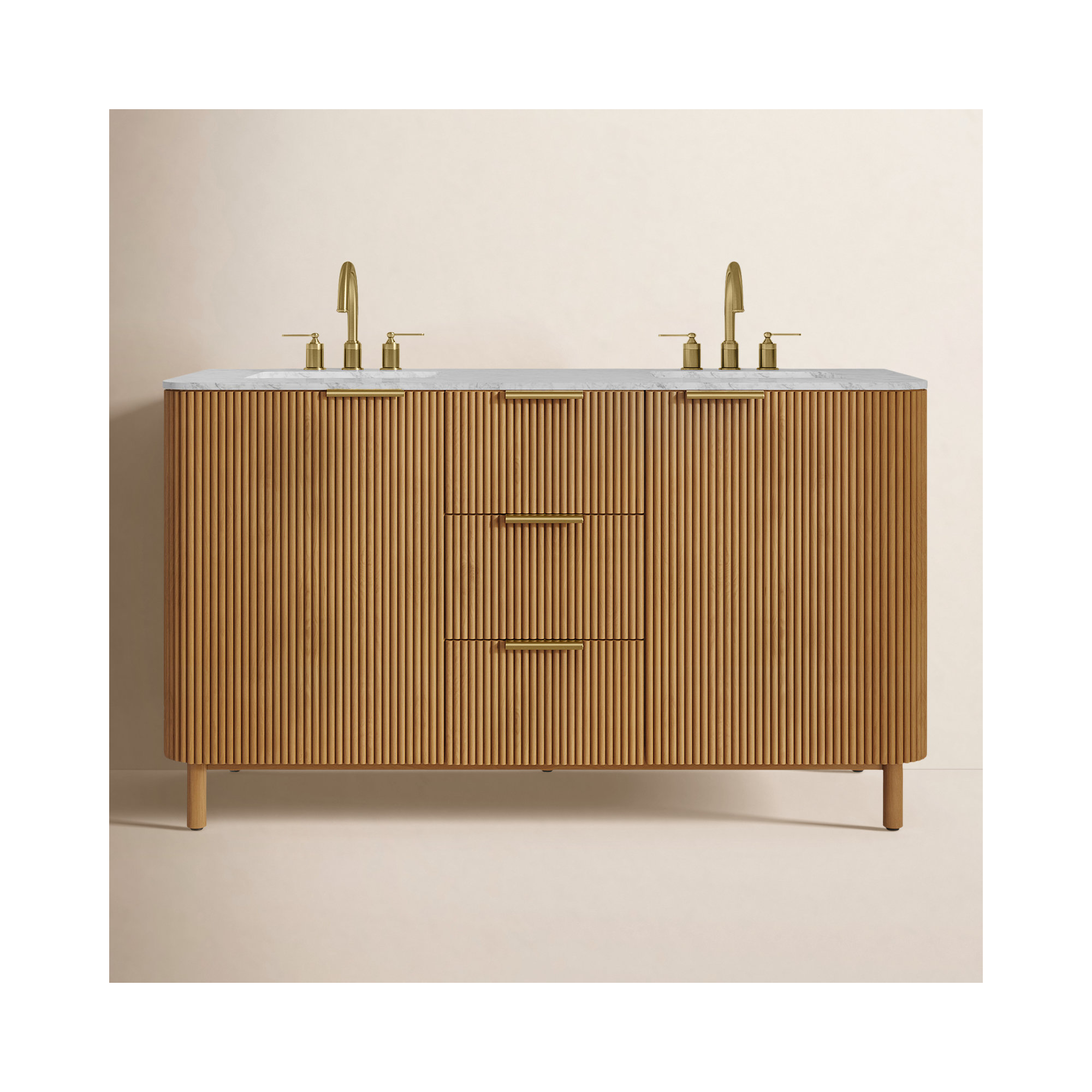 Nova 60" Marble Top Double Sink Bathroom Vanity, Reeded Birch