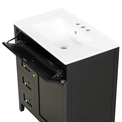 Meuble-lavabo de 30 pouces avec lavabo, armoire en bois d'hévéa moderne avec 3 tiroirs et tablette réglable, meuble-lavabo autoportant pour le rangement et l'organisation de la salle de bain