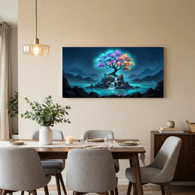 Arbre lumineux coloré sur une île rocheuse avec cascade - Toile murale, 40“W x 20”H