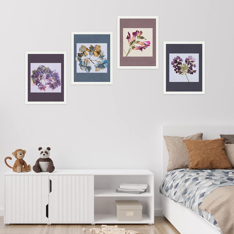 Multicolore, ensemble de 4 plantes géométriques pastel, impression murale encadrée sur papier, 4 pièces, Blanc