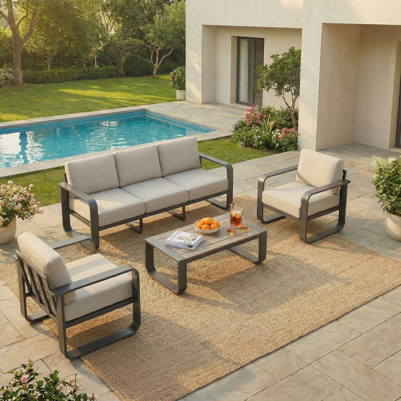 5 - Person Patio Conversation Set With Cushions, Light Gray Cushion/Black Frame, 4 Pcs: Sofa, 2 Chairs, Coffee Table