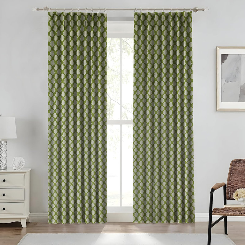 Elegant Green Pure Linen Handmade Floral Block Print Curtain, 100% Blackout Soft Boho Pleated Pinch Drape for Window, Kitchen, Office or Patio, Badal