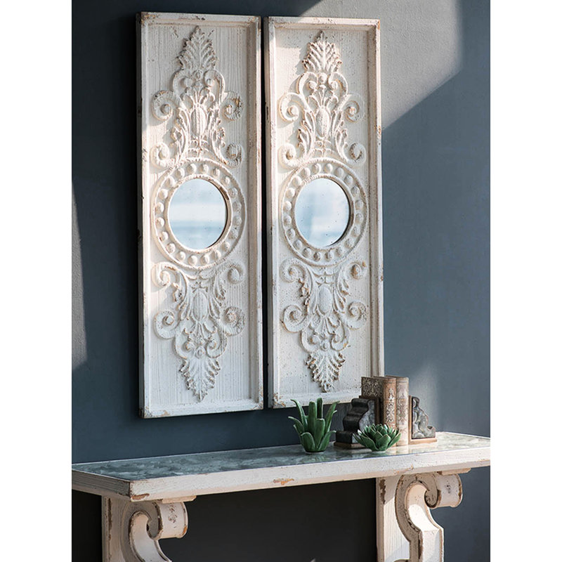 De 2 grands panneaux d'art mural en bois, 17 po x 48 po, blanc vieilli avec miroirs, bois de sapin pour les arts décoratifs, solide