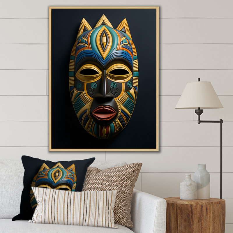Jeeva, masque tribal africain Akan II, H 44 po x l 34 po x P 1,5 po, Cadre naturel flottant