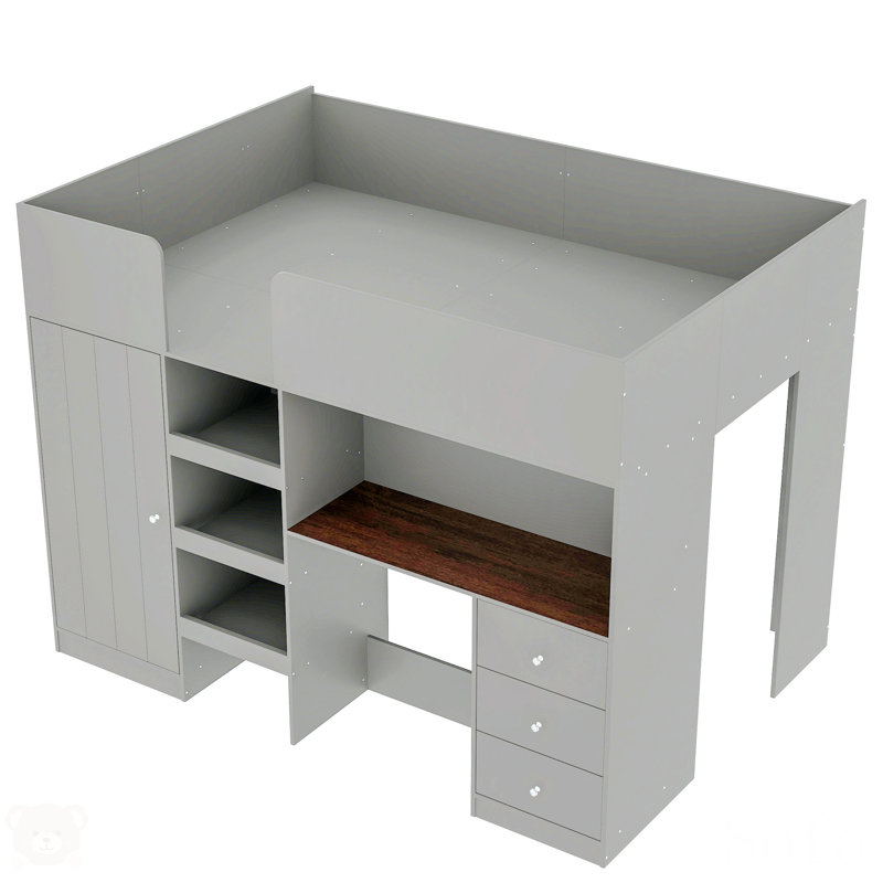 Gray Pine Wood Full Loft Bed with Wardrobe and Desk