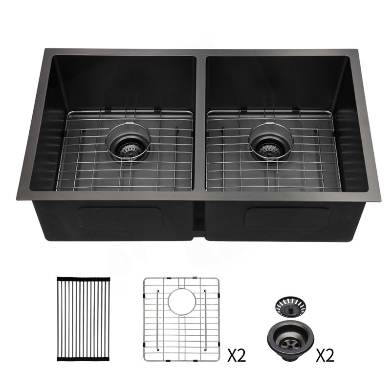 Évier de cuisine à double cuve (50/50) encastré sous le comptoir - Évier de cuisine à double cuve en acier à canon double noir de calibre 16 avec deux cuves profondes de 10 po x 19 po x 10 po
