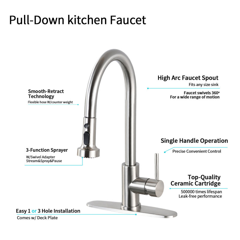 Robinet de cuisine rétractable en acier inoxydable avec distributeur de savon en nickel brossé