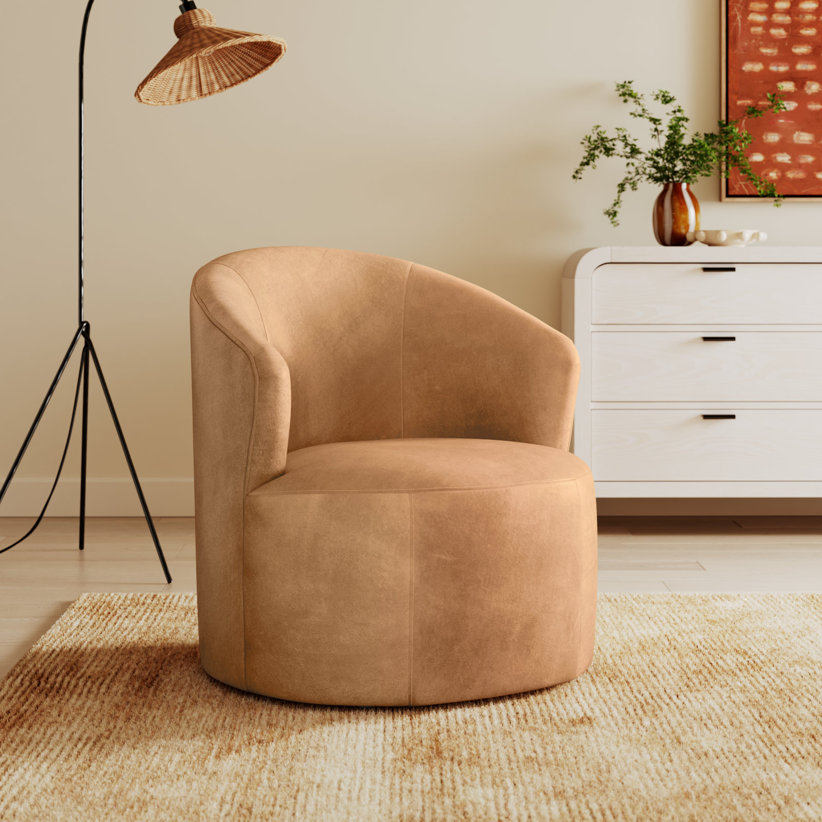 Deryn Upholstered Swivel Barrel Chair, Stallone Aztec Sunrise Genuine Leather