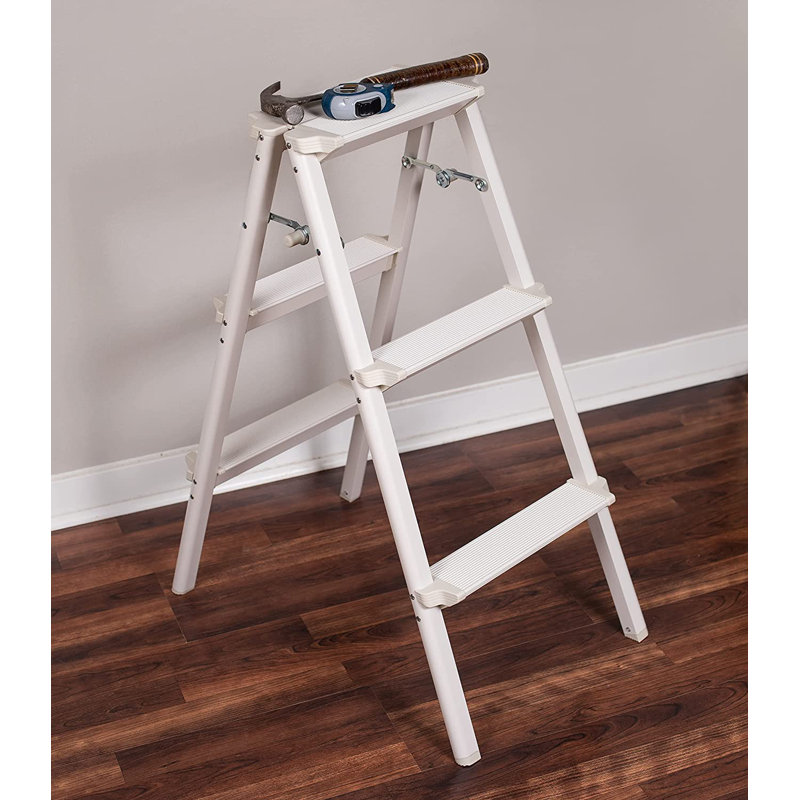 Compact Silver Steel Folding Step Ladder with Anti-Slip Treads