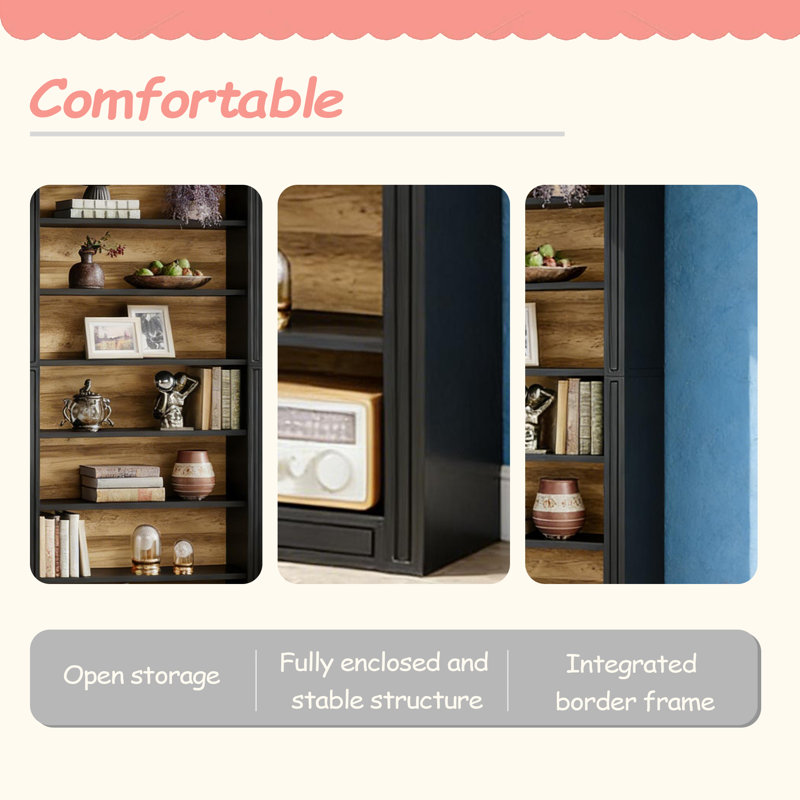 Closed Back Design Bookcase,Generous Bookshelf,Arched Display Shelving, Black