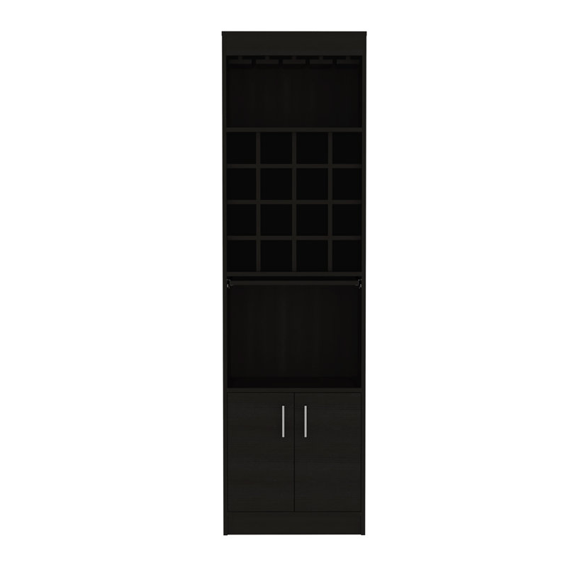 Kava 71" Tall Bar Cabinet with 16 Cubbies, Shelf, Concealable Tray and Double Door, Black