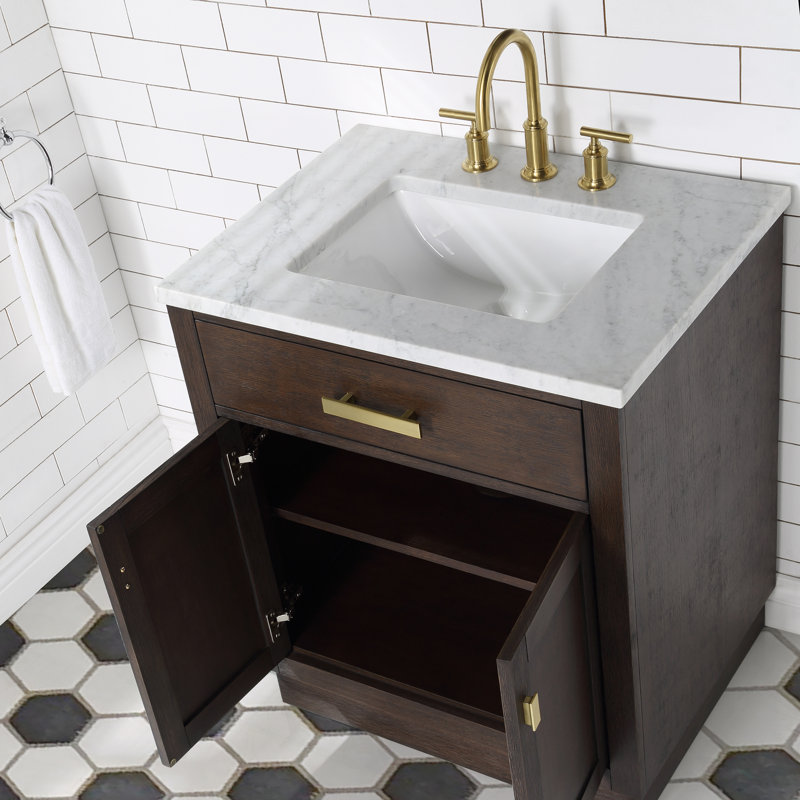 Chesnut Chestnut 30" Carrara White Marble Countertop Bath Vanity with Mirror, Brown Oak