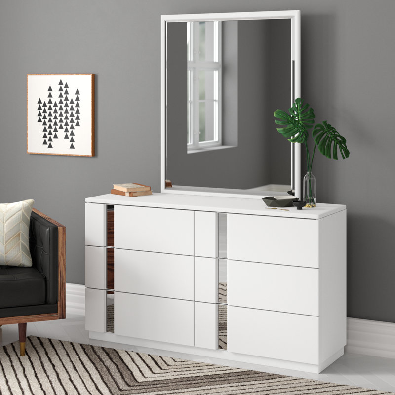 Commode double à 6 tiroirs avec miroir 55 po Augie, Laque blanche/miroir