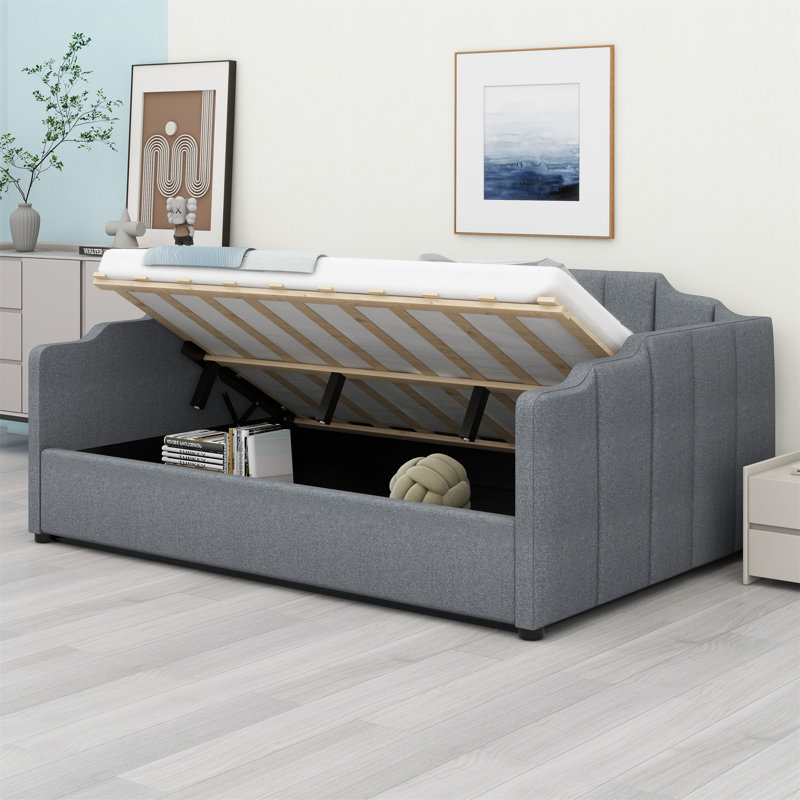 Lit de jour rembourré avec rangement inférieur, Gris
