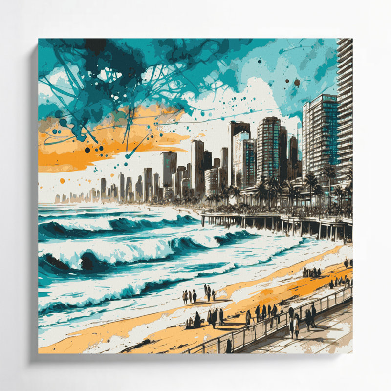 «Coastal Urban Beach Scene», art mural sur toile beige, H 8 po x l 8 po