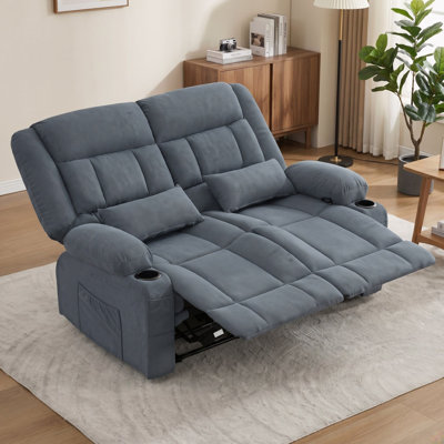 Causeuse inclinable en tissu bleu avec deux repose-pieds manuels et porte-gobelets