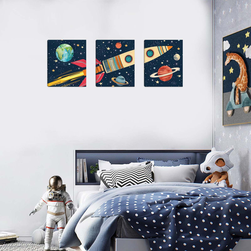Rocket Outer Space Decor,Solar System Wall Art,The Planets Hanging Decor,Rocket Artwork Paintings Out Of Space Decor For Bedroom Toddler Kids Room Classroom Decoration 12X16 Inch