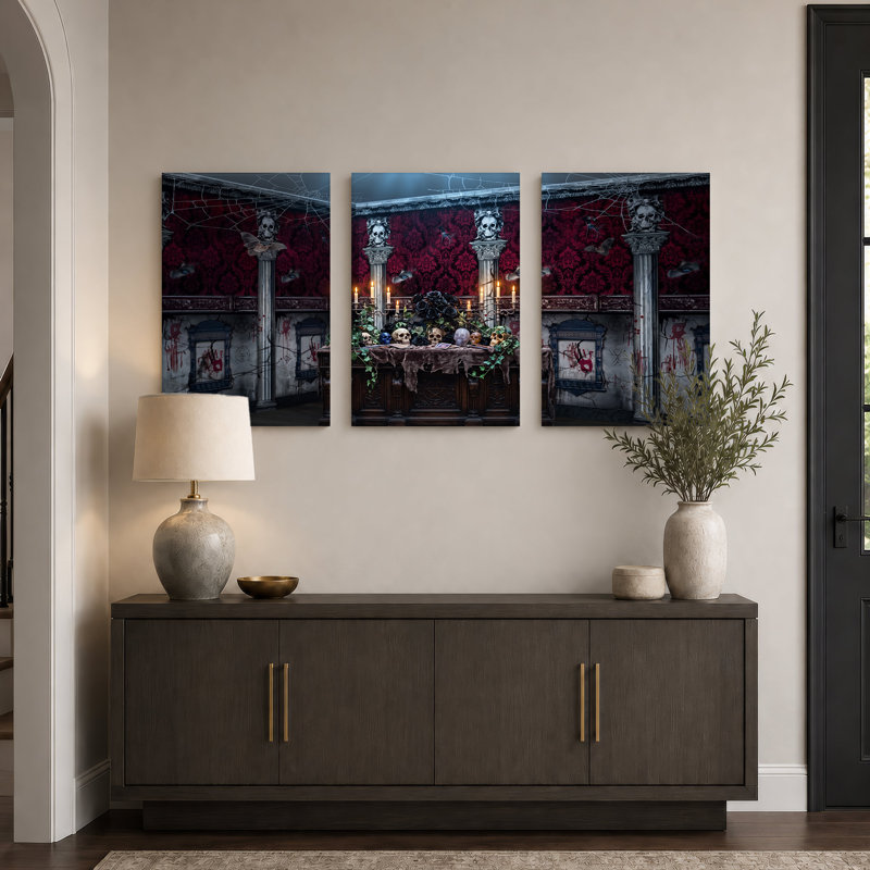 Ensemble de 3 toiles murales gothiques avec autel en forme de crâne et décorations d'Halloween rouges, 36"H x 24"W x 3pcs