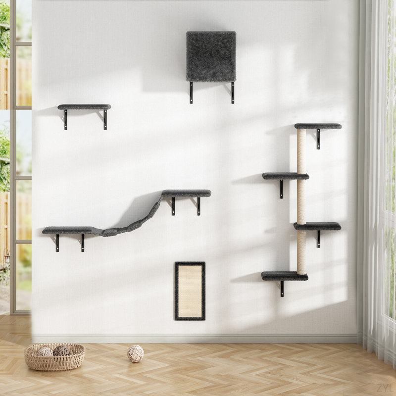 Ensemble 5 pièces d'arbre à chat mural gris avec condo, pont et griffoirs - Mobilier de chat multi-niveaux pour chats d'intérieur