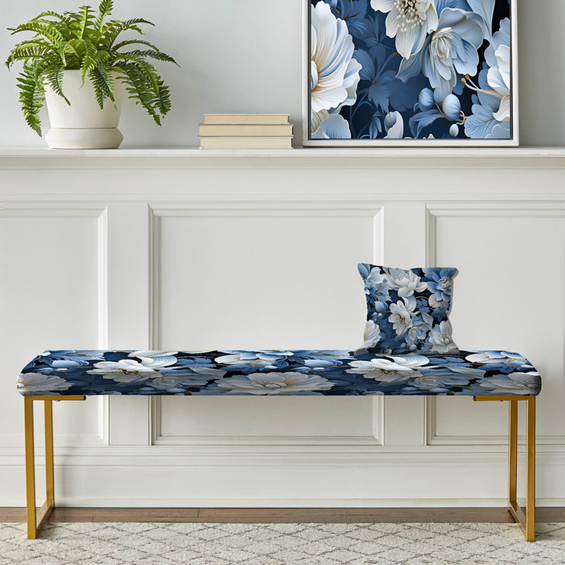 Arctic Blue And White Botanical Pattern - Floral Upholstered Gold Bench