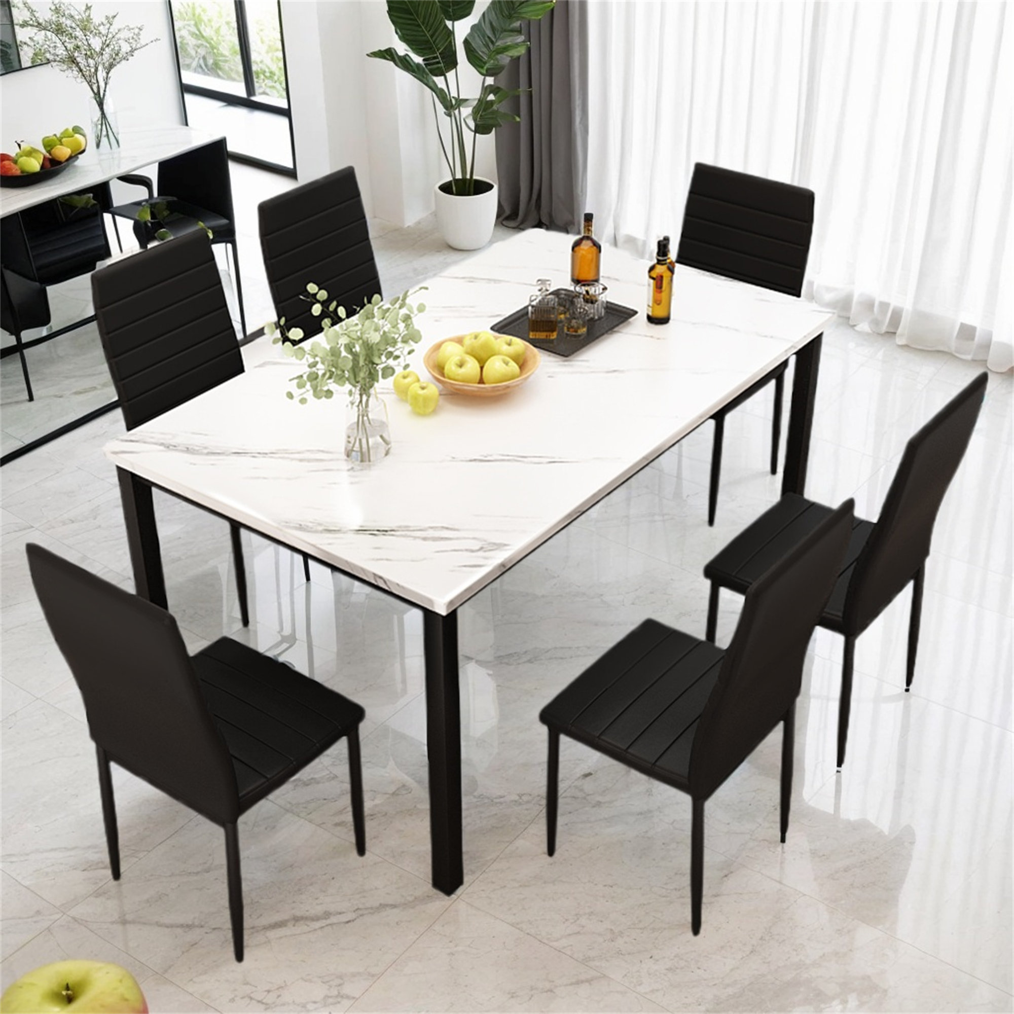 Wrought Studio Elegant 7 Piece Dining Table Set – Modern Faux Marble Kitchen Table With 6 PU ...
