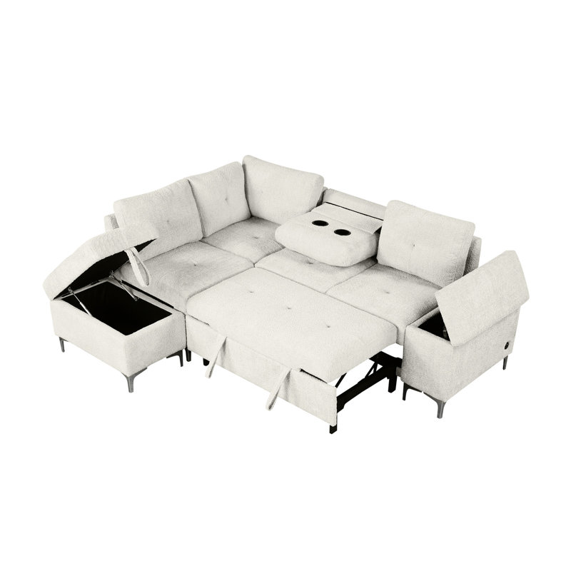 Salon polyvalent avec revêtement en chenille, rangement et chargeurs, Beige