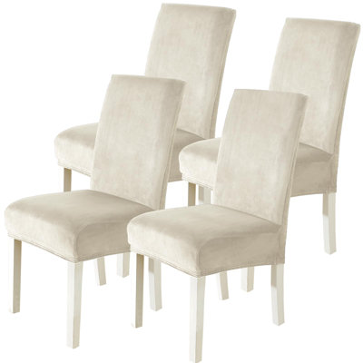 Velvet Dining Room Chair Covers Set of 4, Soft Thick, Beige，Stretch Spandex Velvet Dining Chair Covers, Snug Fit, Washable, Scratch-Resistant, Home Kitchen Use, Parsons Chair Compatible