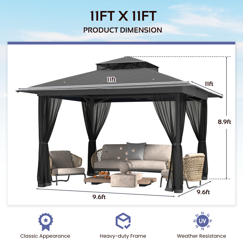 11X11 Gazebo, Outdoor Patio Gazebo With Mosquito Netting, Double Roof Metal Gazebo, Canopy For Backyard Covered Patio, Heavy Duty Gazebo Outdoor For Garden Deck Lawn, Gray
