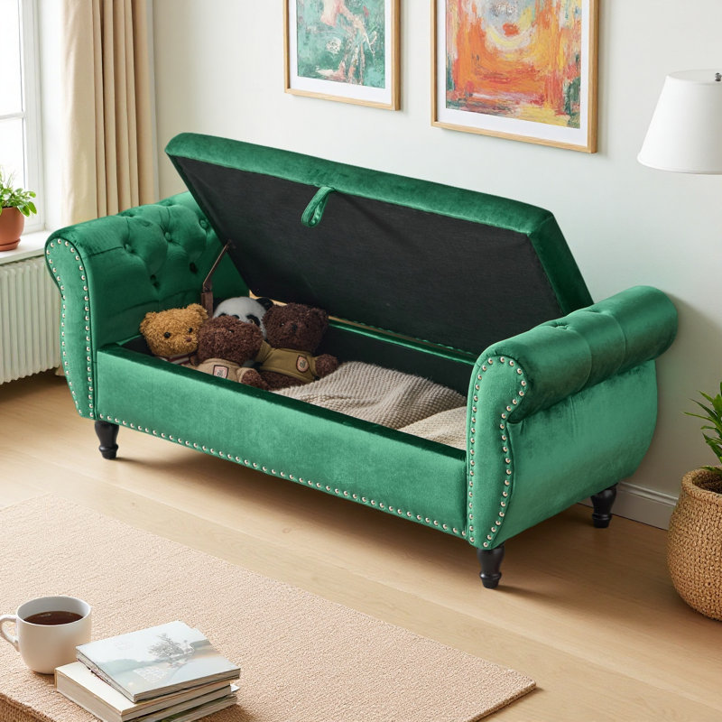 Banc repose-pieds rectangulaire en velours avec rangement et 1 coussin décoratif, Vert