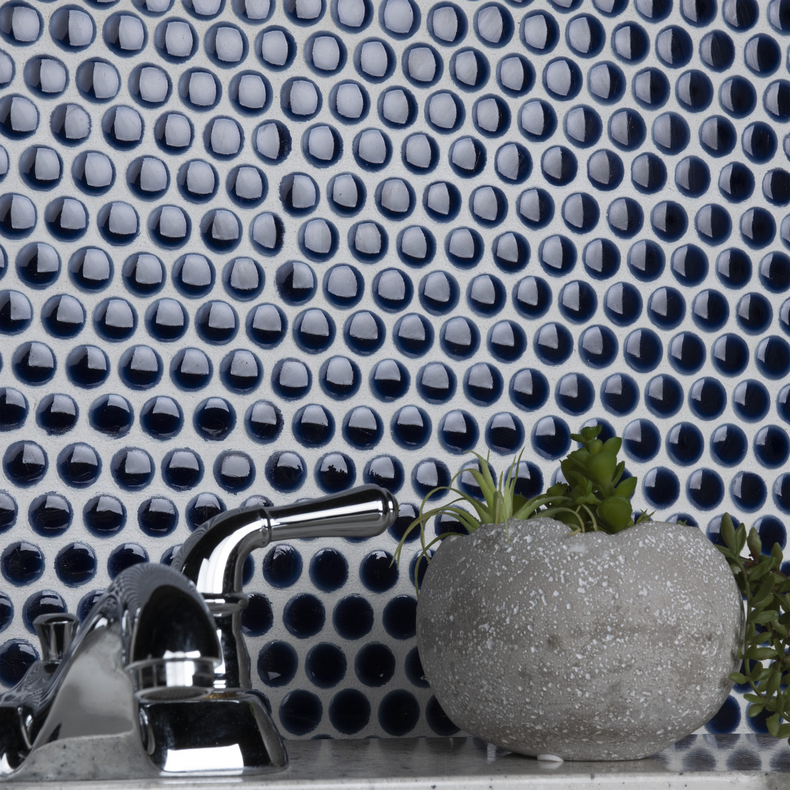 Hudson Penny Round Porcelain Mosaic Tile, Smoky Blue