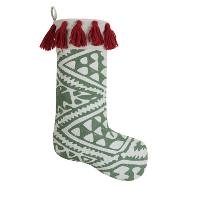  Boho Green Holiday Stocking with Tassels