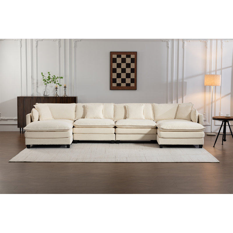 Canapé modulaire moderne à 4 places avec 2 repose-pieds 149,61 po avec coussins de taille, Chenille blanc antique
