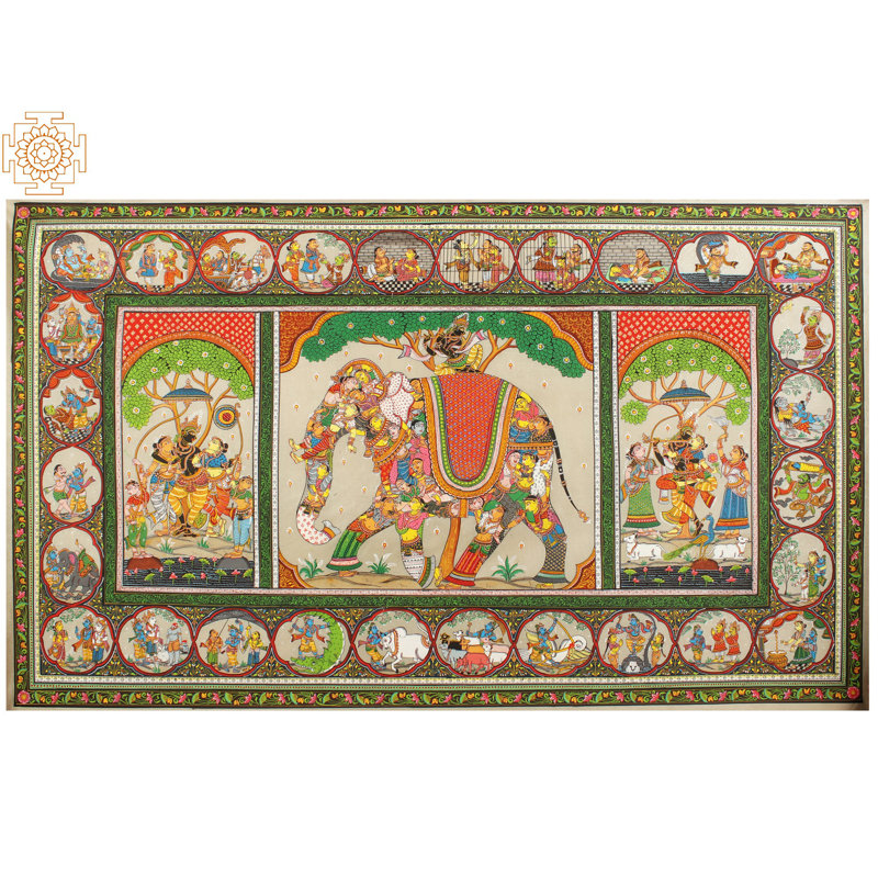 «Lord Krishna on Elephant Patachitra», peinture sur soie Tussar