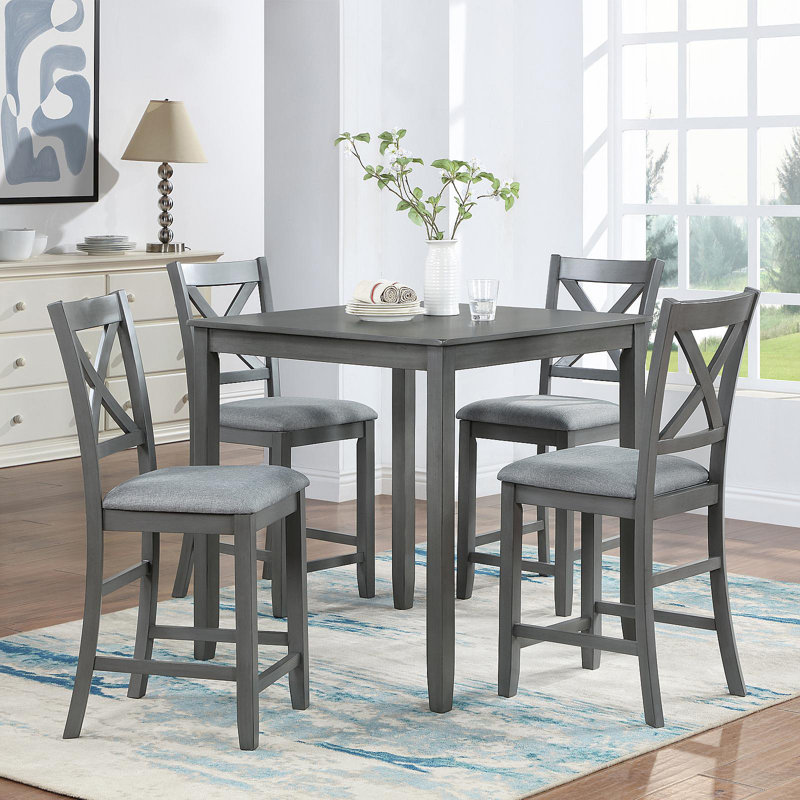 Ensemble de table de salle à manger 5 pièces, ensemble de table de salle à manger carrée en bois pour 4 personnes, ensemble de table de cuisine à hauteur de comptoir avec table carrée et 4 chaises rembourrées pour petit espace, gris