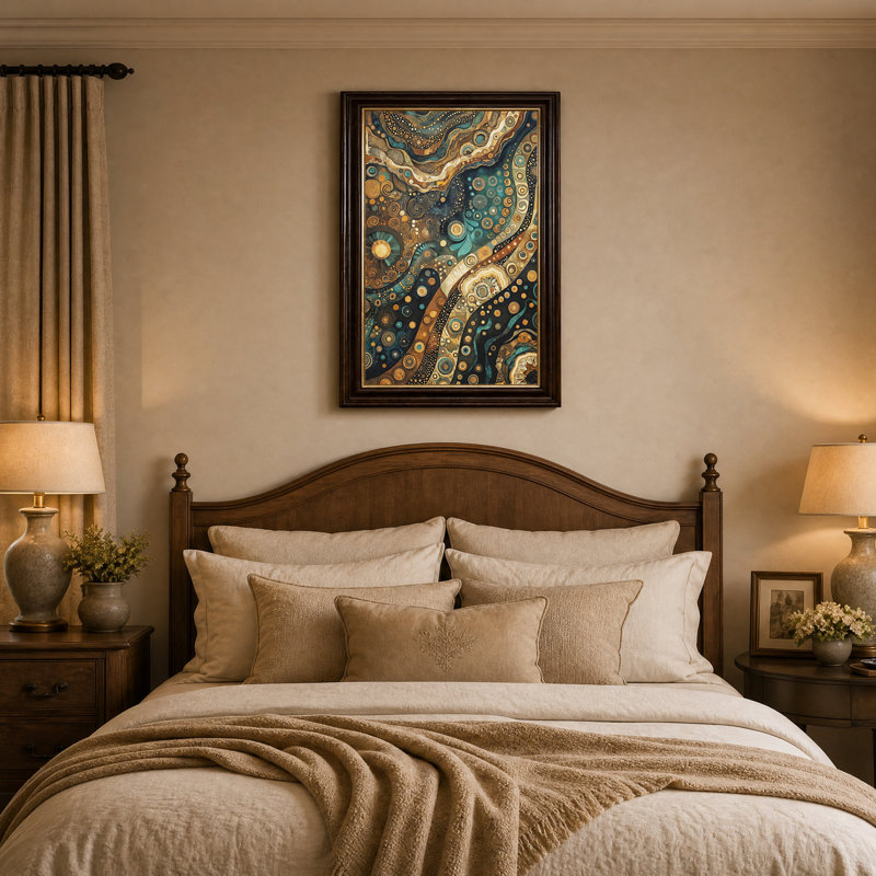 Tableau abstrait à motifs de cercles tourbillonnants turquoise et or sur toile, H 18 po x l 12 po