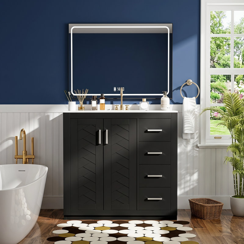 Ensemble de meuble-lavabo 36 po avec lavabo en céramique, meuble de rangement pour salle de bain avec cadre en bois massif, ensemble de meuble-lavabo autoportant avec 3 tiroirs et portes à fermeture douce