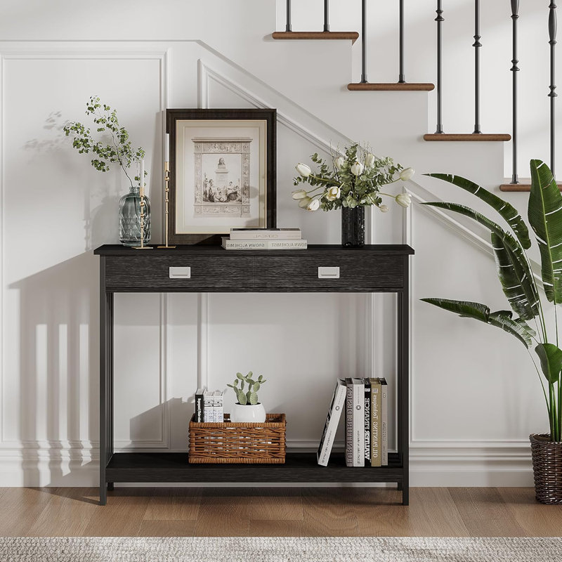 Black MDF Narrow Console Table with Drawer and Storage Shelf