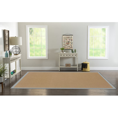 Nannette Handmade Dark Beige Berber with Ice Blue Cotton Border Made in the USA Area Rug