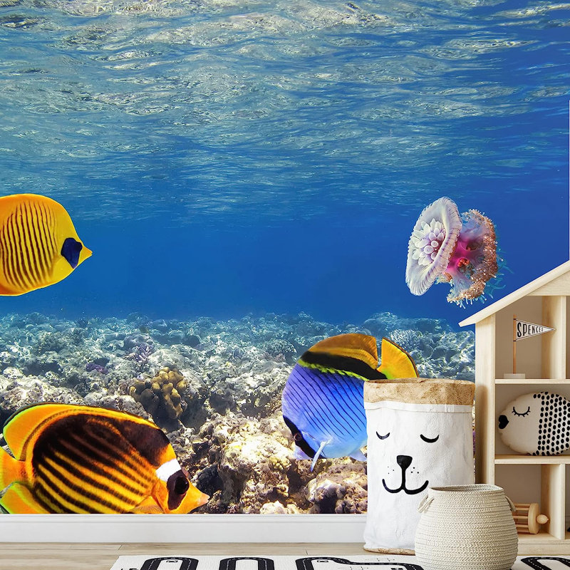 Murale sous-marine à peindre un poisson hippopotame bleu océan, L 66 po x l 96 po