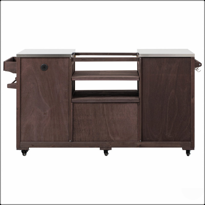 66.5-Inch Solid Wood Outdoor Kitchen Island With Stainless Steel Top, Drawer, And Compatibility For Large Grills, Brown