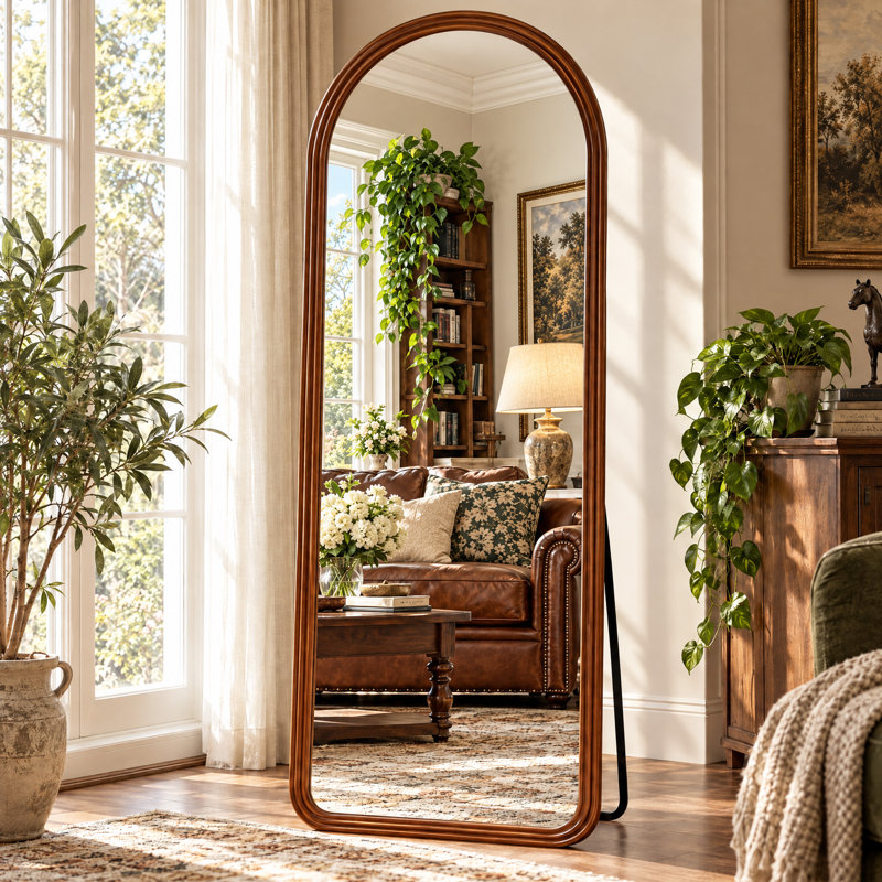 Miroir arqué pleine longueur avec cadre en bois massif pour le salon de la chambre à coucher, Walnut