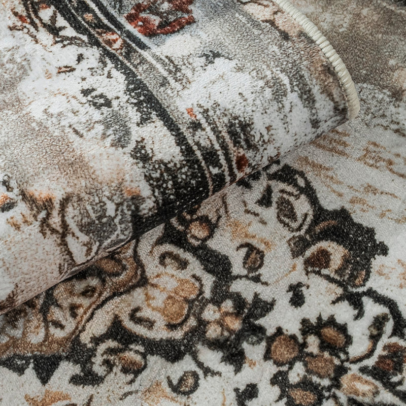 Oriental Floral Non-Slip Machine Washable Vintage Area Rug in Cray/Cream/Brown for Living Room, Bedroom, Hallway Runner Indoor Rugs
